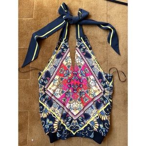 ROI, scarf print halter top, tie around next, size small